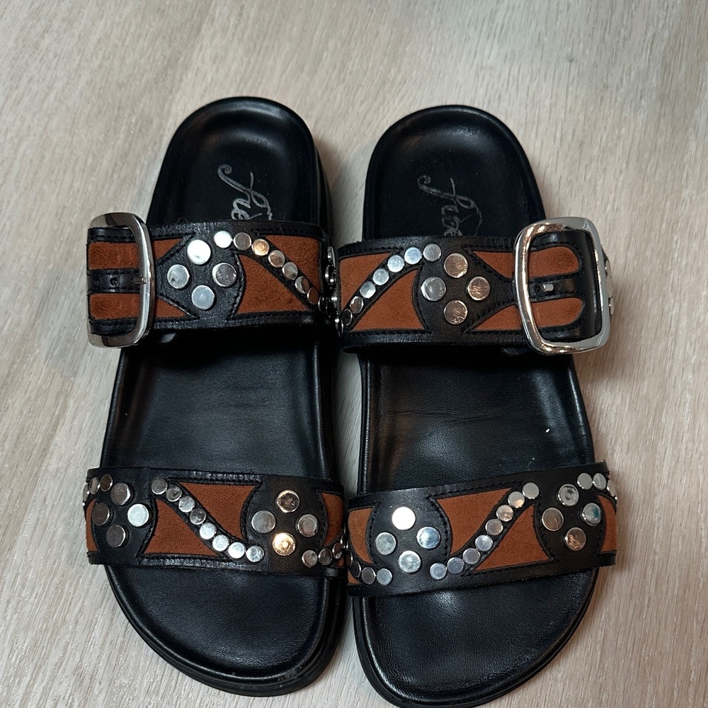 Free People Revelry Silver Studded Slide Sandals in Black & Brown